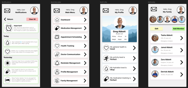 Notifications, Main Menu, Personal/Family Profile Management Frames